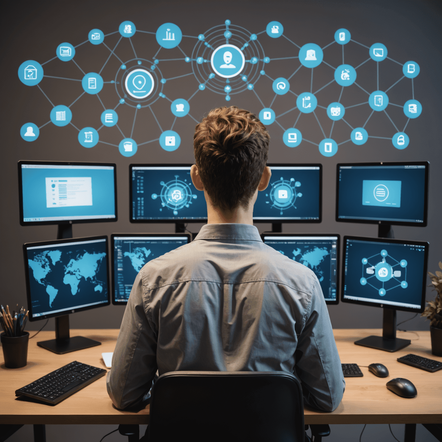 Una imagen que muestra una persona sentada frente a una computadora con múltiples pantallas, rodeada de iconos que representan diferentes áreas de TI como programación, redes y seguridad.