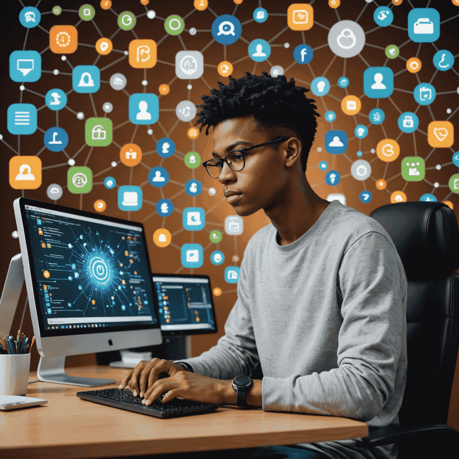 Una imagen que muestra a una persona joven sentada frente a una computadora, rodeada de iconos que representan diferentes áreas de TI como programación, redes y seguridad.