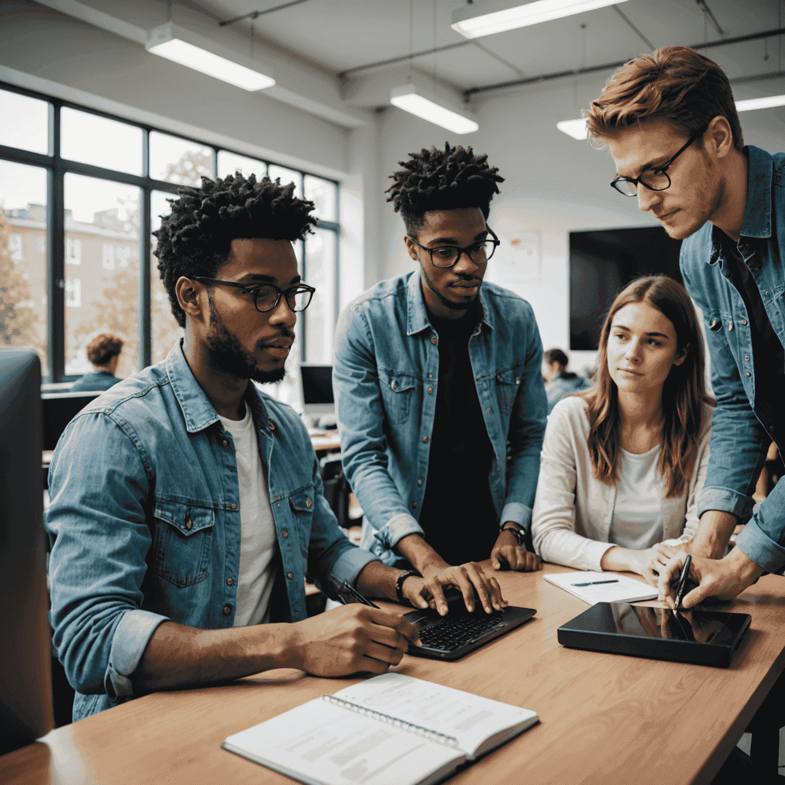 Grupo diverso de estudiantes trabajando juntos en un proyecto de programación en una sala de estudio moderna