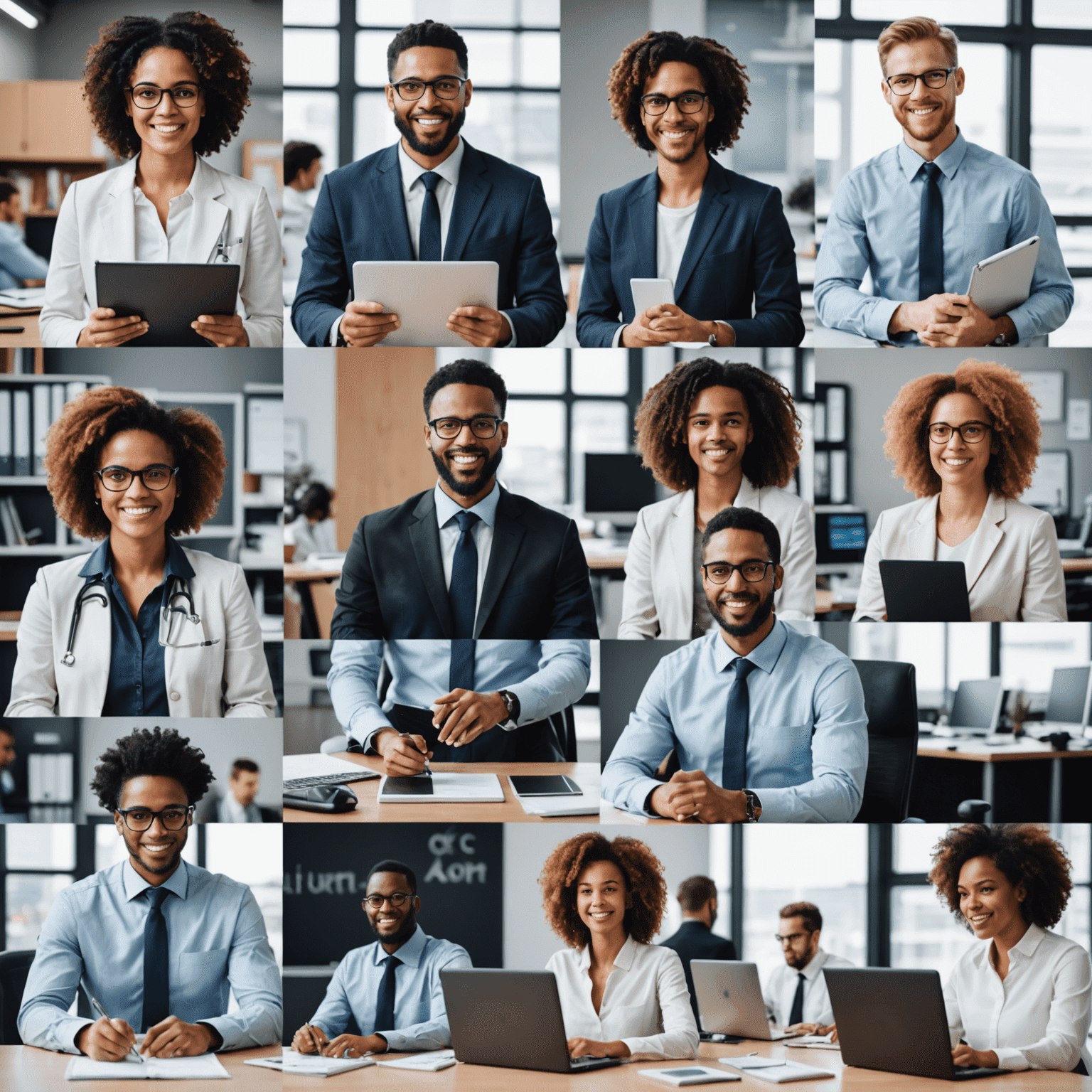 Collage de diferentes profesionales de TI trabajando en sus áreas de especialización, mostrando la diversidad de carreras en el campo