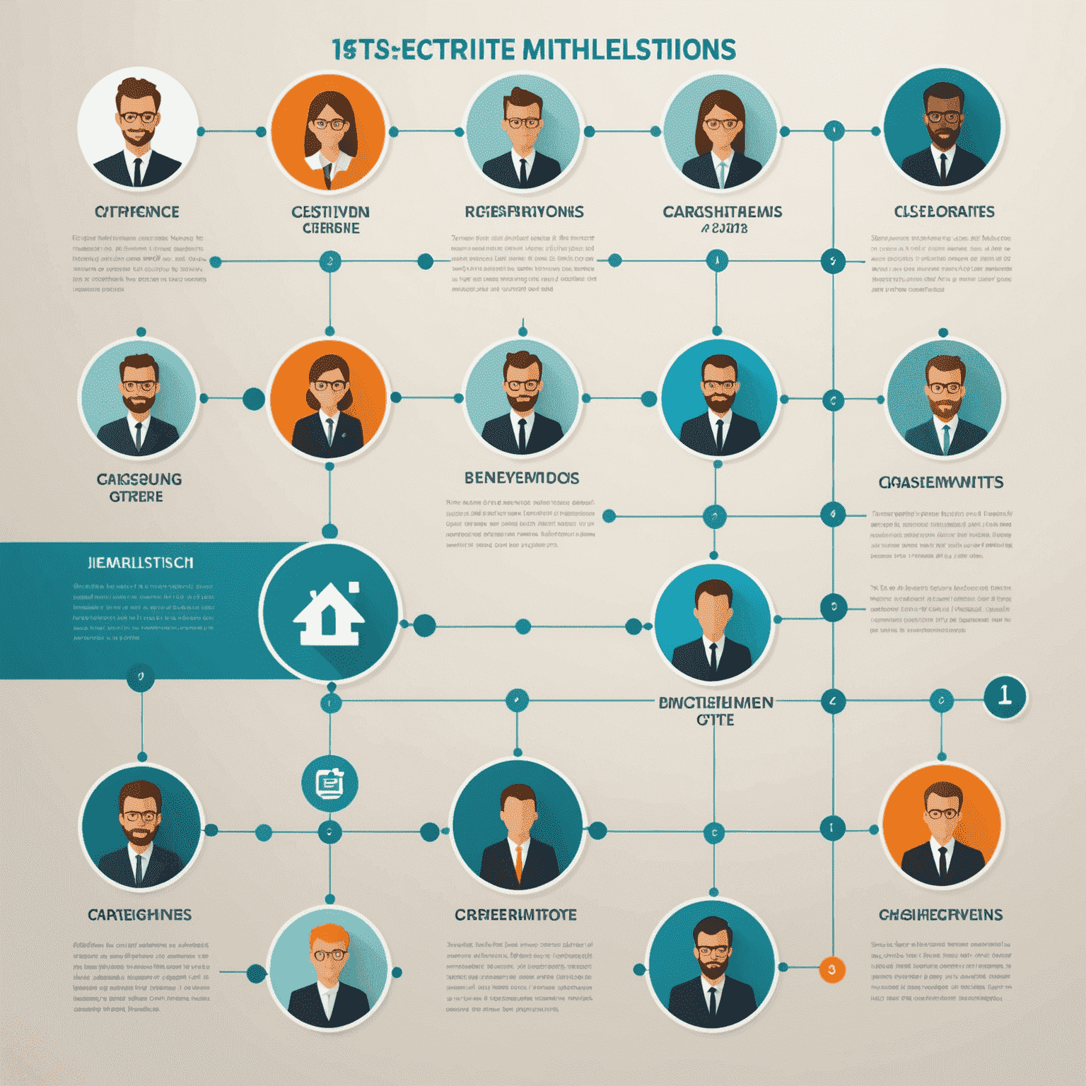 Una imagen que muestra una línea de tiempo con hitos clave en la carrera de TI de varias personas, desde su inicio hasta su éxito actual, con iconos que representan diferentes logros y roles en TI.