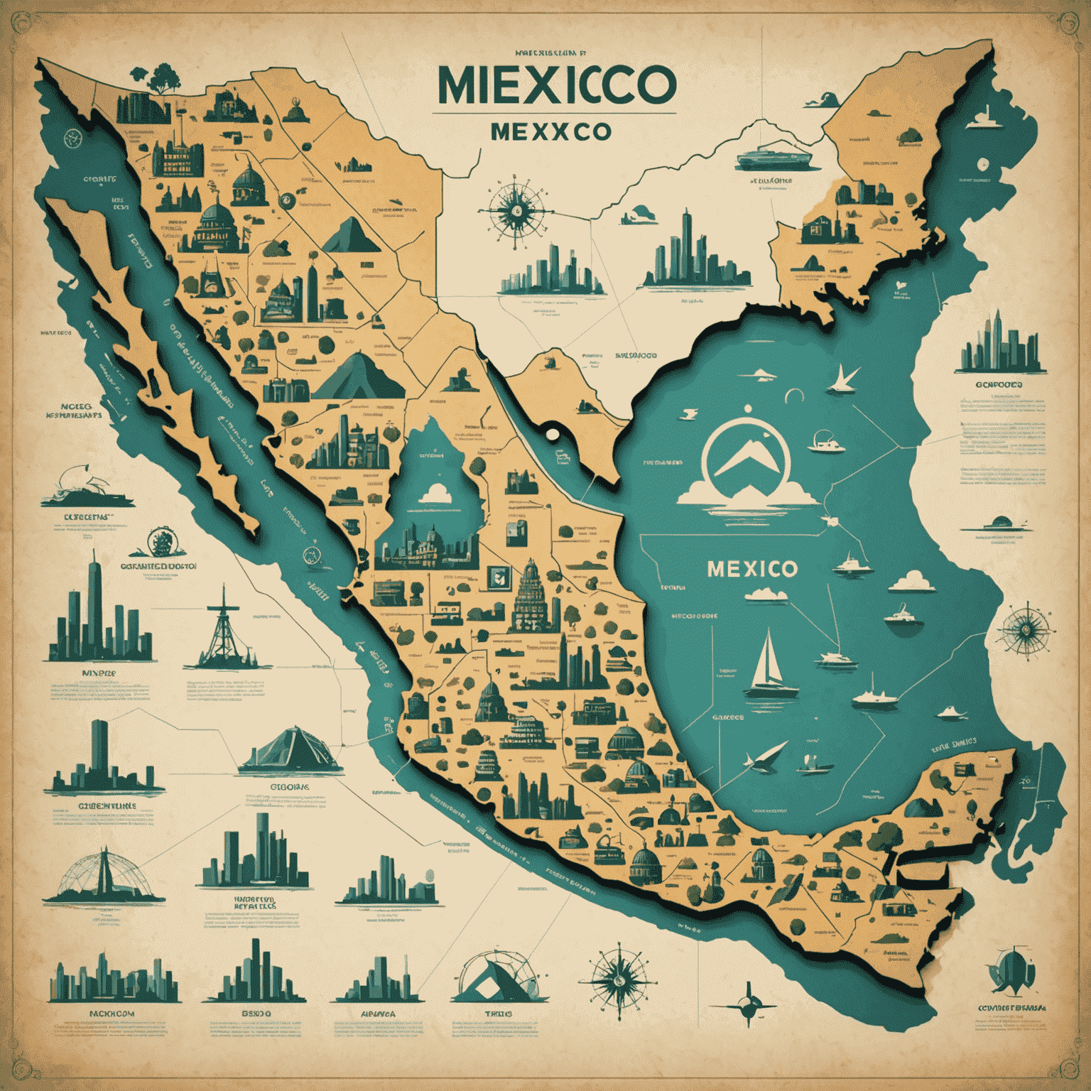 Un mapa de México resaltando las principales ciudades tecnológicas con iconos de computadoras y redes.